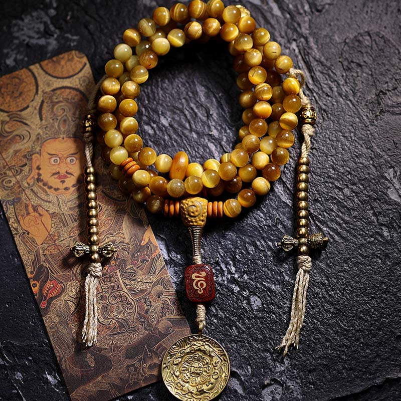 Buddha Stones 108 Mala-Perlen, natürliches Tigerauge, Kupfer, Dorje-Schutz, Quastenarmband