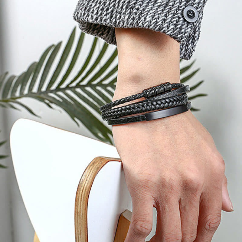Pulsera trenzada multicapa de cuero y acero de titanio con hebilla magnética y piedras de Buda