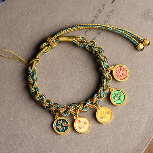 Pulsera trenzada artesanal con piedras de Buda tibetanas de los cinco dioses de la riqueza y la suerte