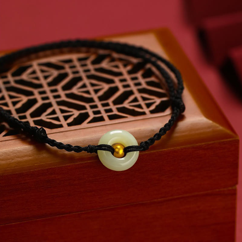 Buddha Stones 999 Goldperle, runde Friedensschnalle, Hetian Jade, Glück und Fülle, geflochtenes Armband, Fußkettchen