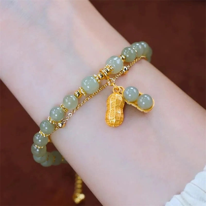 Pulsera de cuentas con piedras de Buda, hojas de jade, ginkgo, tulipán, cacahuete y carácter Fu, con la suerte