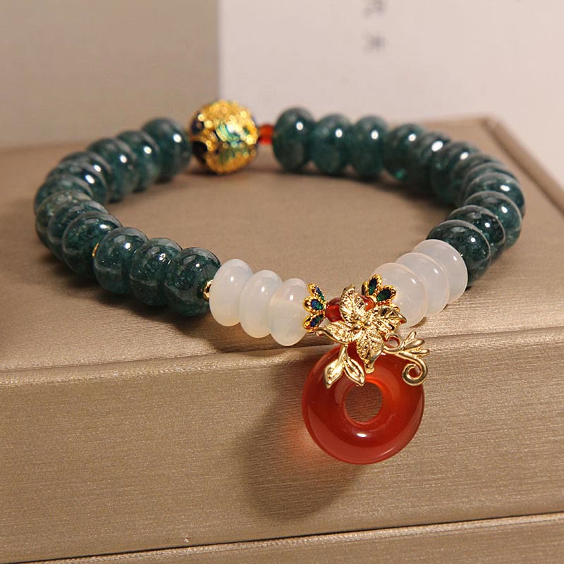Pulsera de la suerte con cuentas de ábaco, jade, ágata blanca y ágata roja, con hebilla de paz