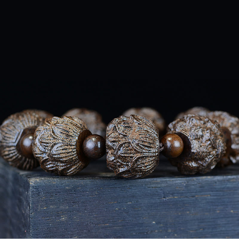Pulsera de equilibrio con grabado de dragón de loto y dieciocho arhats de madera de ébano y piedras de Buda
