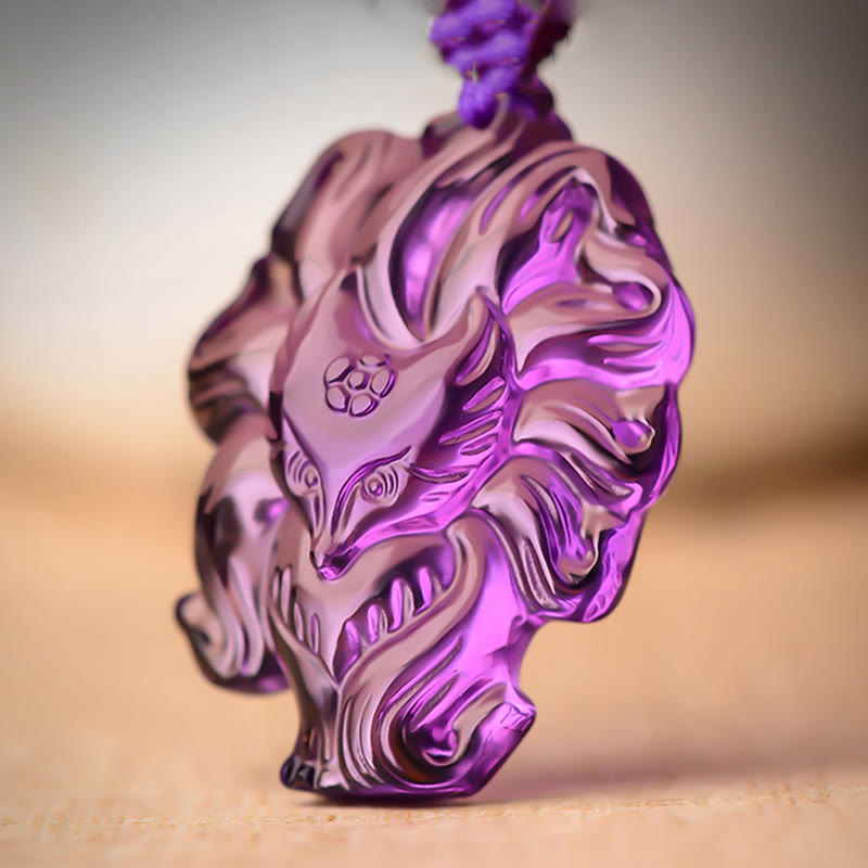 Buddha Stones Natürlicher Amethyst Weißer Kristall Citrin Neunschwänziger Fuchs Glück Halskette Anhänger