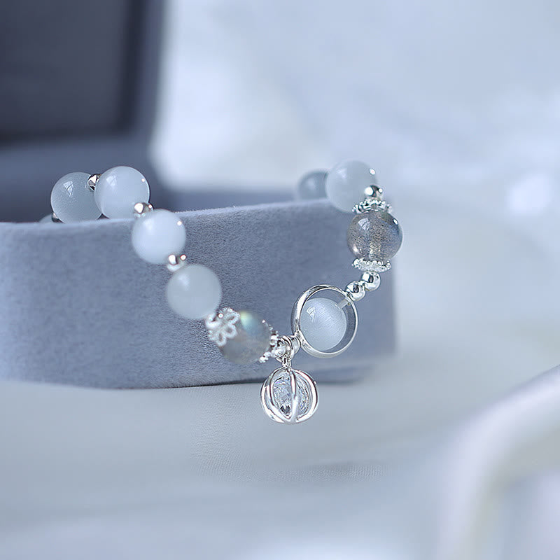 Pulsera con abalorios de bola con carácter Fu de piedra lunar y ojo de gato de Buda
