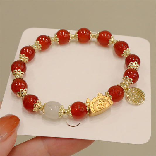 Pulsera con piedras de Buda, Año del Dragón, Ágata roja, Cuarzo fresa, Obsidiana negra, Jade, Granate, Perla, Cinabrio, Bola de masa hervida, Dragón de la suerte, Personaje Fu