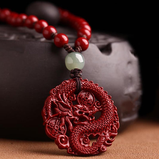 Collar con colgante de piedra de Buda del Año del Dragón, cinabrio natural, jade hetiano, moneda de cobre, para atraer riqueza y fuerza.
