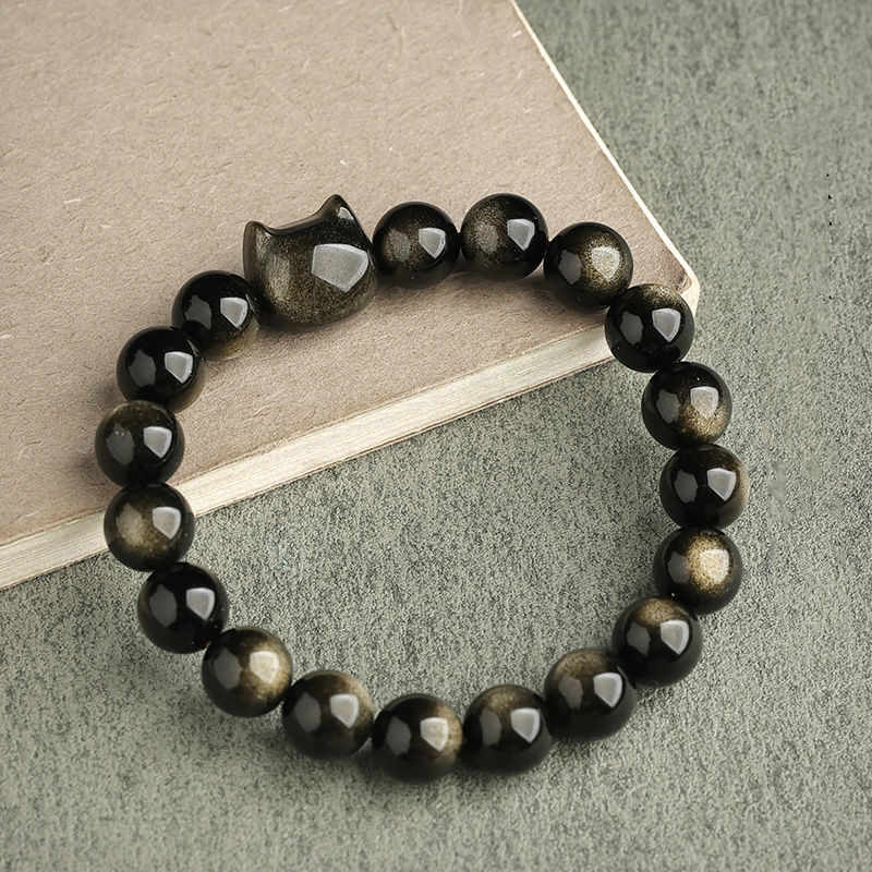 Pulsera de protección con piedras de Buda, obsidiana dorada y obsidiana plateada con brillo, con forma de pata de gato de la suerte.