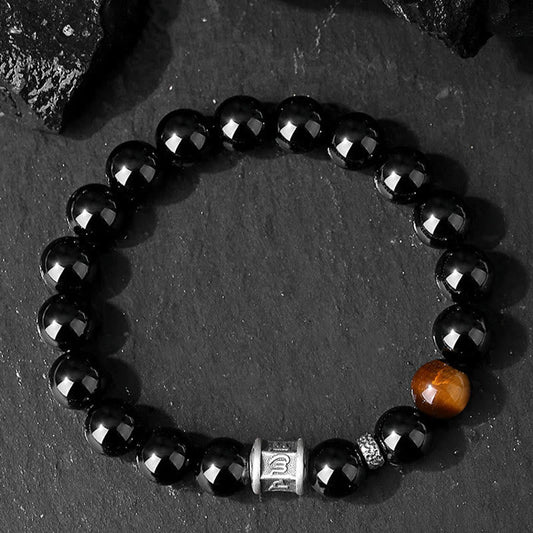 Pulsera de obsidiana negra con ojo de tigre y piedras de Buda en plata de ley 999 con el símbolo del Om Mani Padme Hum