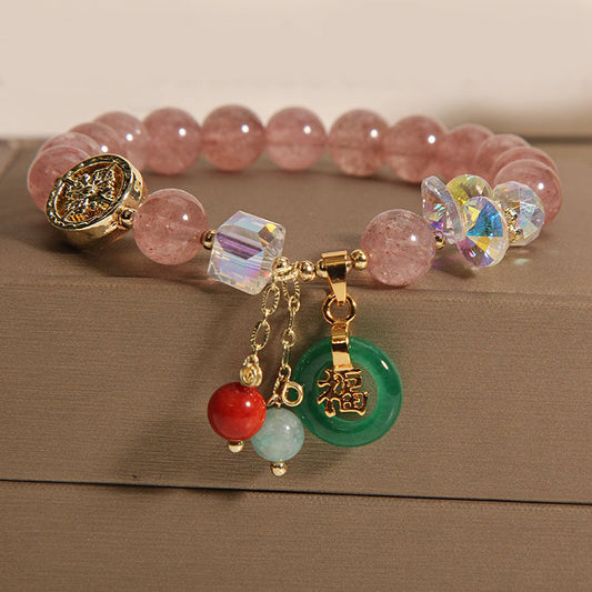 Pulsera curativa con dijes de jade fu y cuarzo fresa de Buda