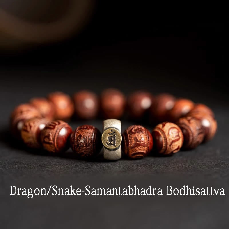 Buddha Stones Chinese Zodiac Natal Buddha Small Leaf Red Sandalwood Om Mani Padme Hum Protection Bracelet