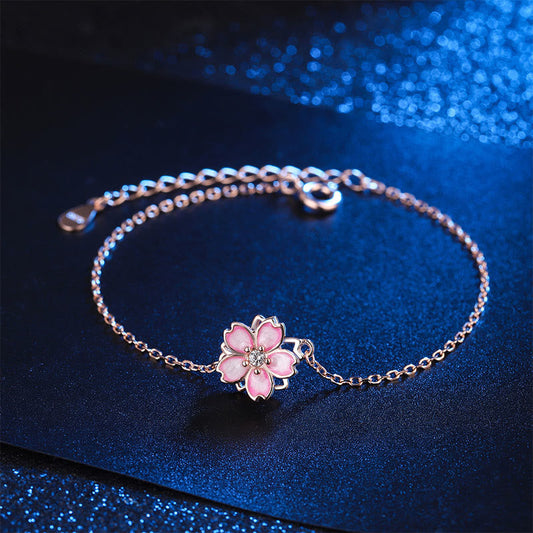 Pulsera de plata de ley 925 con piedras de Buda y cadena con bendición de flor de cerezo y anillo giratorio
