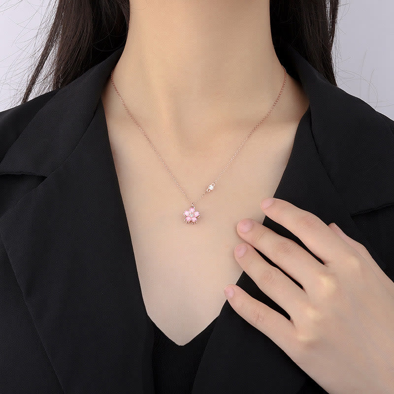 Collar con colgante de flor de cerezo en plata de ley 925 con piedras de Buda y protección giratoria