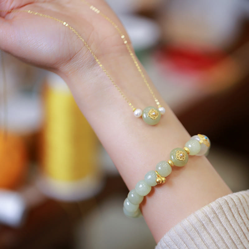 Conjunto de collar y pulsera con colgante de jade hetiano natural bañado en oro y plata de ley 925 con piedras de Buda