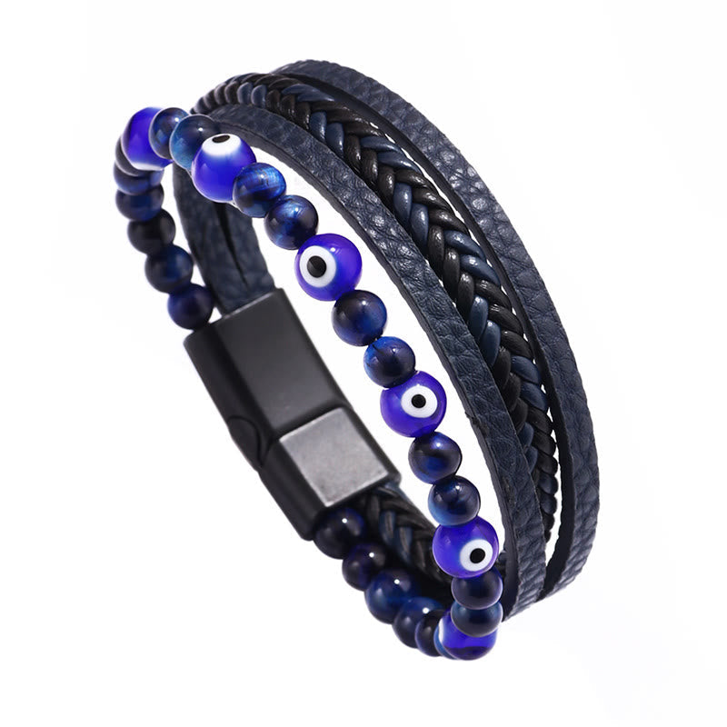 Pulsera trenzada multicapa con cuentas y protección de ojo de tigre y piedras de Buda