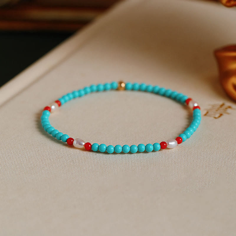Pulsera protectora de cuentas pequeñas de ágata roja turquesa y perla de Buda