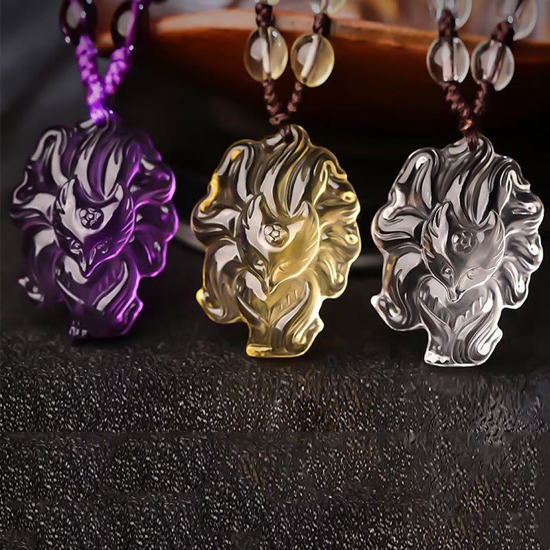 Buddha Stones Natürlicher Amethyst Weißer Kristall Citrin Neunschwänziger Fuchs Glück Halskette Anhänger