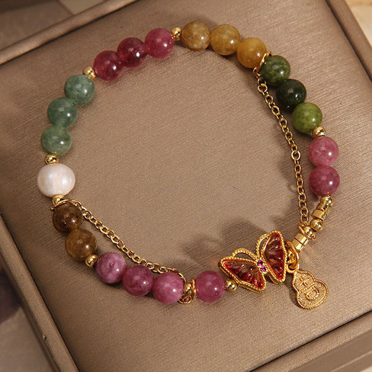 Pulsera positiva con dije de calabaza de turmalina natural colorida y mariposa de Buda