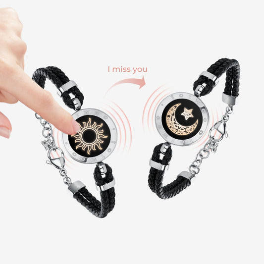 Sun&Moon Touch Bracelets with Braided Leather Rope(Black+Black) - Touch Bling