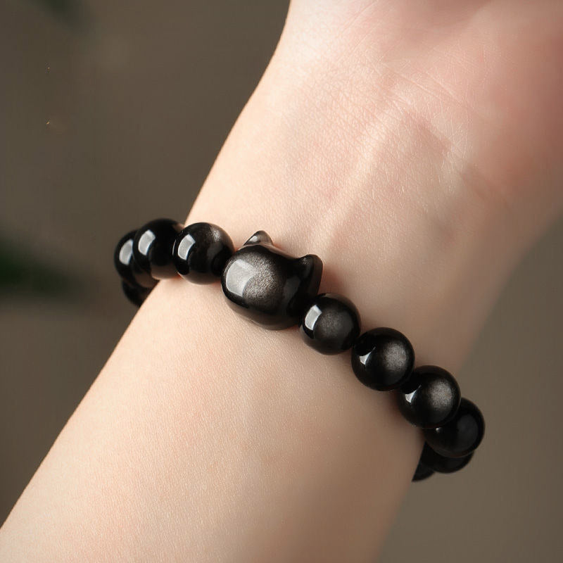 Pulsera de protección con piedras de Buda, obsidiana dorada y obsidiana plateada con brillo, con forma de pata de gato de la suerte.