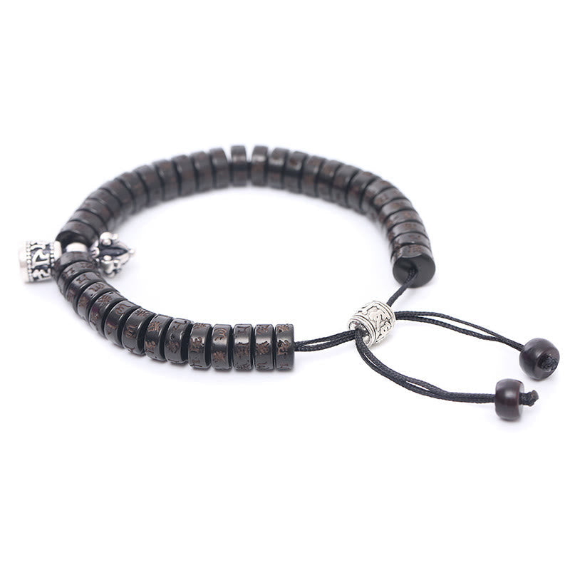 Pulsera de hilo de la felicidad con campana Vajra Dorje Om Mani Padme Hum tallada en cáscara de coco del Tíbet con piedras de Buda
