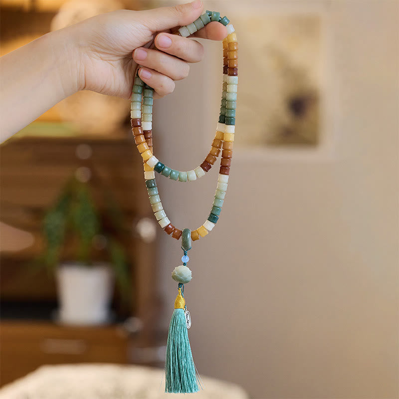 Pulsera de armonía con 108 cuentas de mala, semillas de Bodhi y mano de Buda grabada con loto