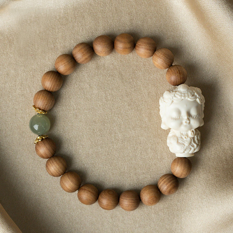 Pulsera protectora de piedras de Buda, sándalo, jade hetiano, marfil y fruta de Tara verde