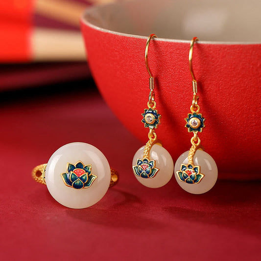 Juego de pendientes con anillo de la suerte de loto de jade hetiano bañados en oro y plata de ley 925 con piedras de Buda