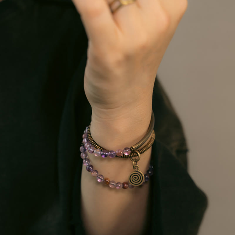 Pulsera de cobre con piedras de Buda, cuarzo hematoide rojo fantasma morado y cuarzo rutilado verde, amor y perdón