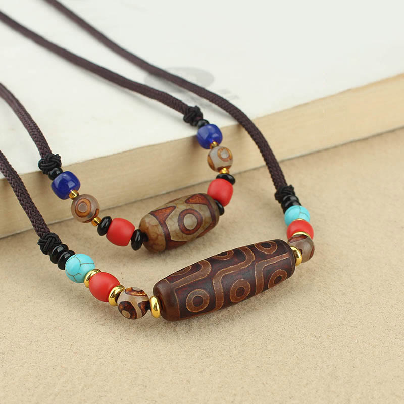Collar con colgante de cadena de protección con cuentas Dzi tibetanas de nueve ojos y cuentas Dzi de tres ojos, piedras de Buda