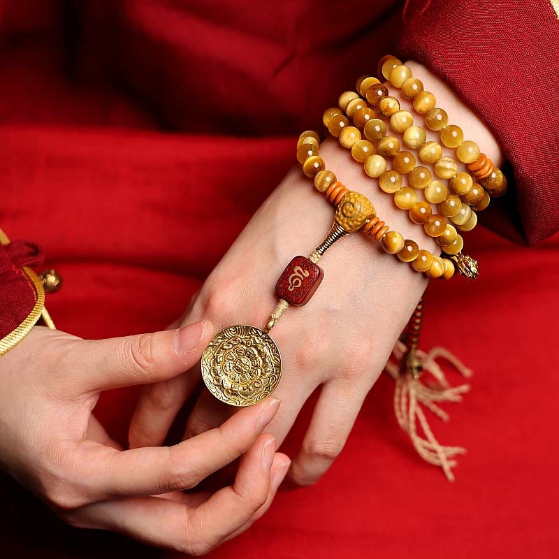 Buddha Stones 108 Mala-Perlen, natürliches Tigerauge, Kupfer, Dorje-Schutz, Quastenarmband