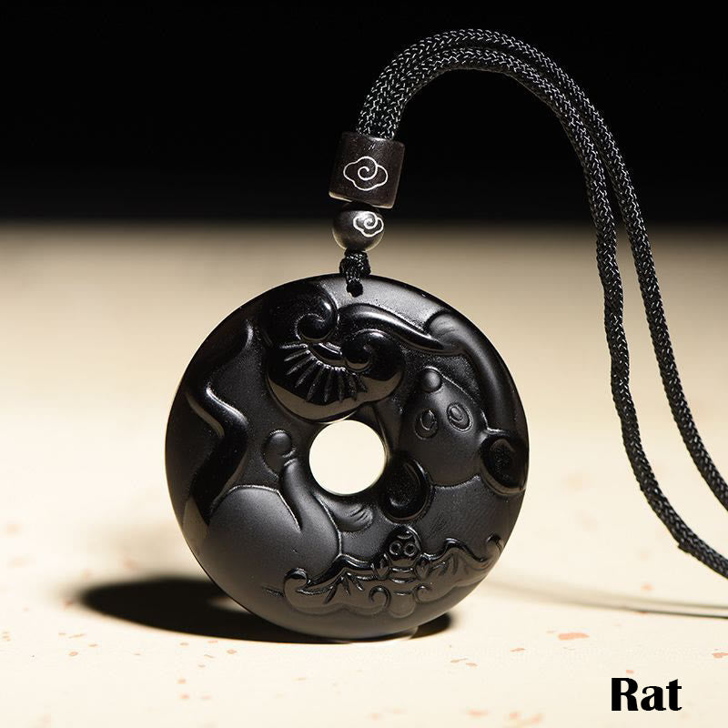 Collar con colgante de obsidiana negra natural con piedras de Buda y hebilla de fuerza del zodiaco chino