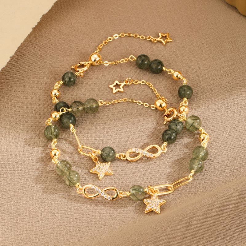 Pulsera de protección de estrellas de amor eterno con lazo de Möbius de cuarzo rutilado verde en oro de 14 quilates de Buddha Stones