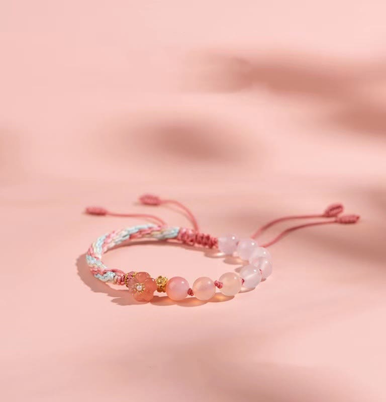Pulsera de hilo hecha a mano con piedras de Buda, ágata natural degradada, nudo de reencarnación, flor de durazno, riqueza y suerte.