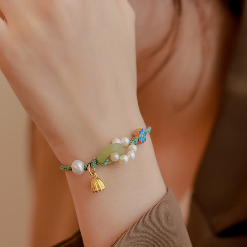 Buddha Stones Natürliche Hetian Jade Peace Buckle Pearl Luck Handgefertigtes geflochtenes Armband