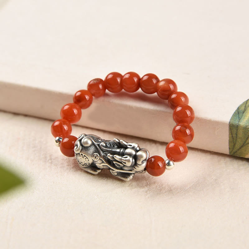 Anillo de la riqueza PiXiu con piedras de Buda en plata de ley 925, granate natural, piedra lunar, ágata roja