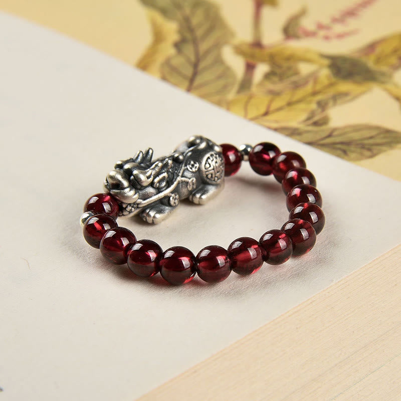 Anillo de la riqueza PiXiu con piedras de Buda en plata de ley 925, granate natural, piedra lunar, ágata roja