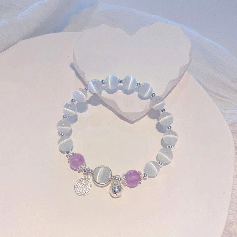 Pulsera de soporte con dije de campana con carácter Fu de amatista y ojo de gato de piedras de Buda