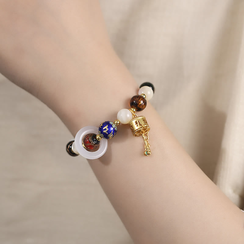 Pulsera con dijes de rueda de oración Om Mani Padme Hum, piedra de Buda, incienso tibetano, ceniza, vidrio Liuli, piedra Tridacna, piedra del sol