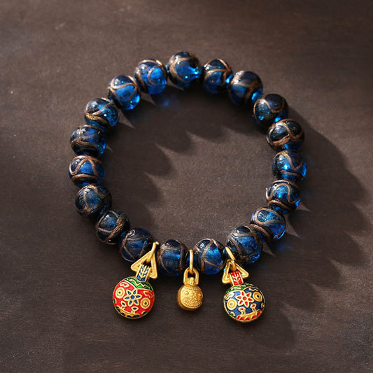 Pulsera de la suerte con cuentas de cristal azul Liuli y amuleto de la suerte de Buda con piedras doradas y bestia tragadora