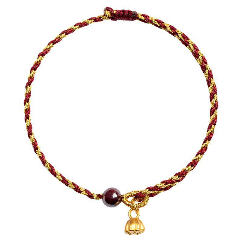 Pulsera trenzada con dije de paz y alegría de loto, hecha a mano con piedras de Buda y cuerda de oro rojo
