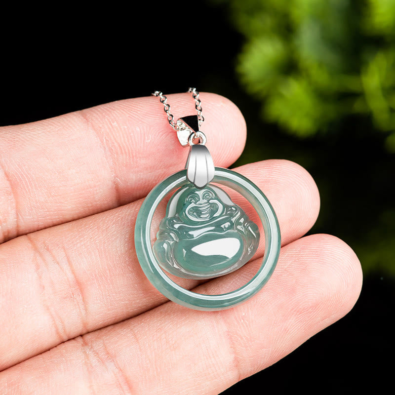 Collar con colgante de Buda sonriente de jade natural en plata de ley 925 con piedras de Buda