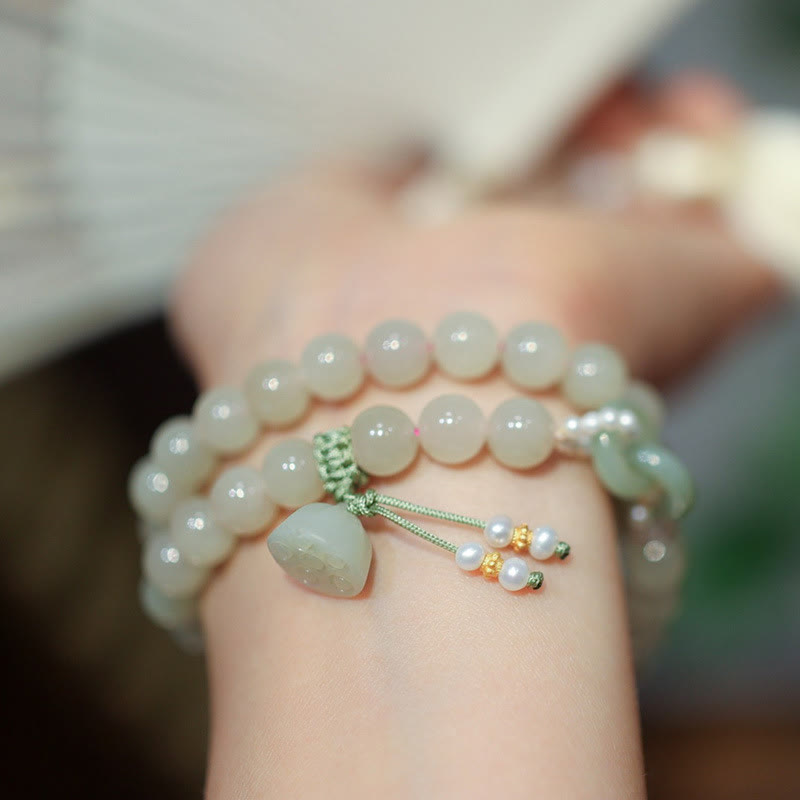 Pulsera de doble vuelta con piedras de Buda, jade hetiano, doble hebilla de paz y suerte de loto en plata de ley 925