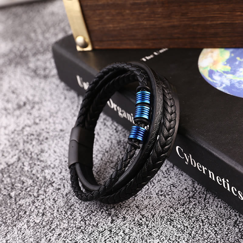 Pulsera trenzada multicapa de cuero y acero de titanio con hebilla magnética y piedras de Buda