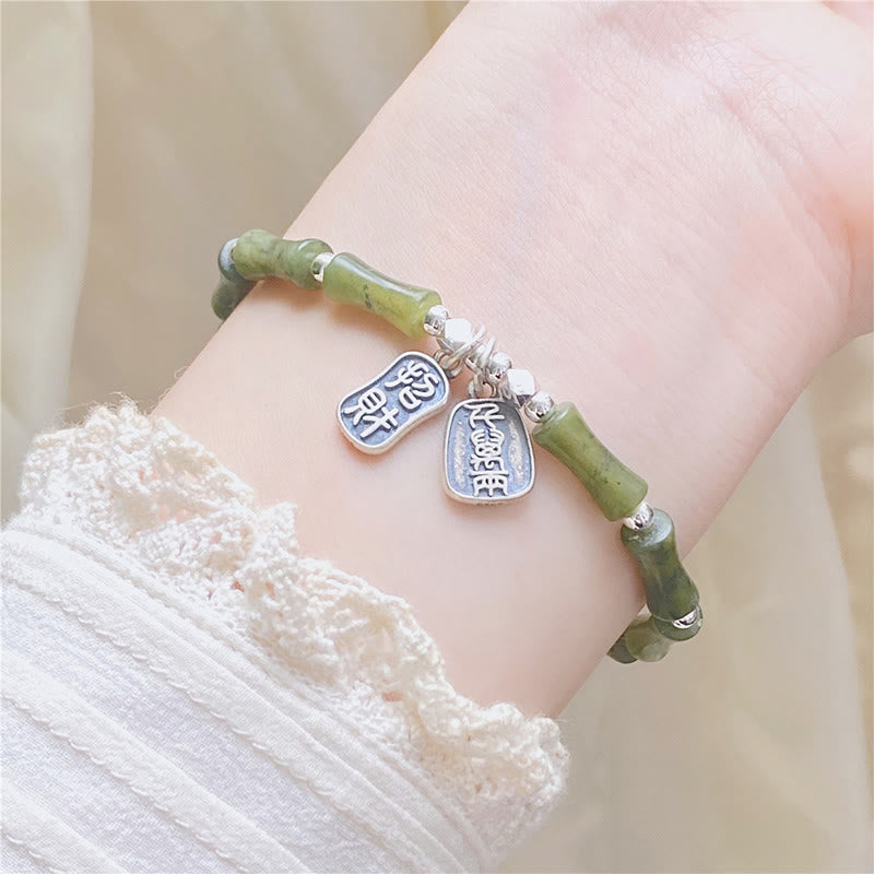Pulsera de plata de ley 925 con piedras de Buda, jade de bambú y gato de la suerte con el símbolo Fu.