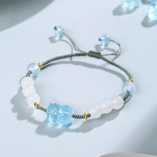 Buddha Stones Natürliches Aquamarin PiXiu Hetian Weiße Jade Heilarmband