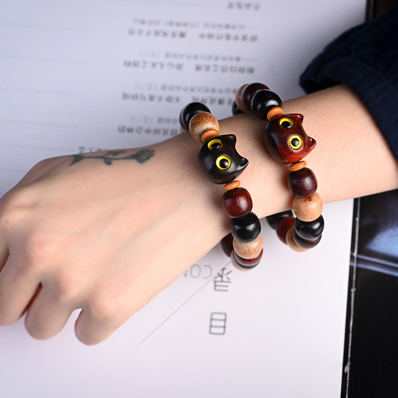 Pulsera de protección con piedras de Buda, hoja pequeña, sándalo rojo, madera de ébano y gato grabado