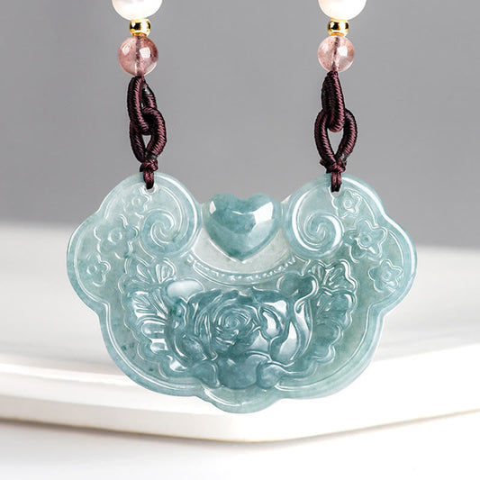 Collar con colgante de flor de peonía de jade natural y piedras de Buda con candado de buenos deseos y prosperidad