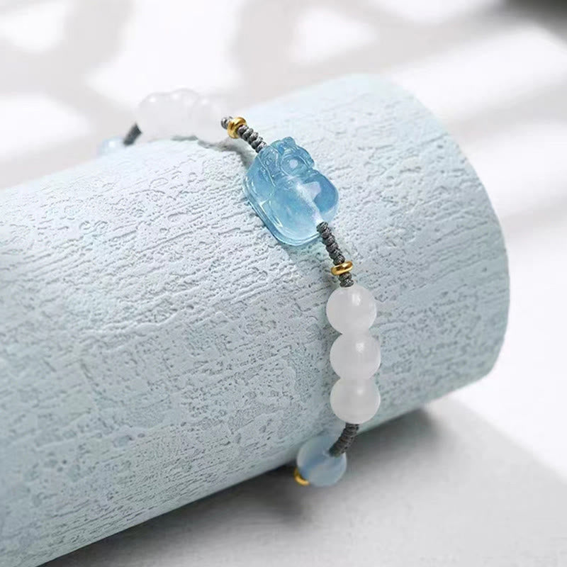 Pulsera curativa de jade blanco PiXiu Hetian con aguamarina natural y piedras de Buda