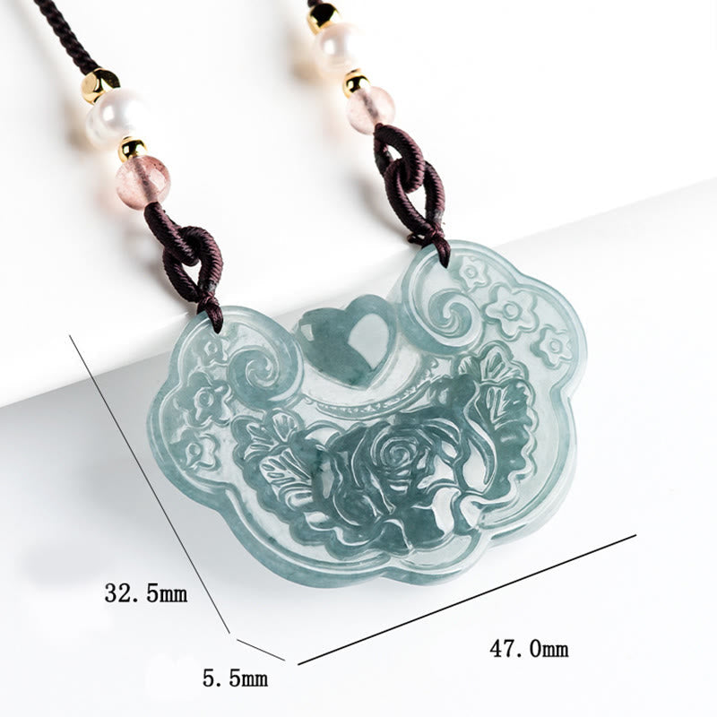 Collar con colgante de flor de peonía de jade natural y piedras de Buda con candado de buenos deseos y prosperidad